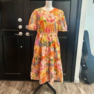 Farm rio Floral Midi Dress with Puff Sleeves